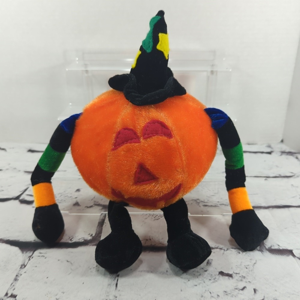 Halloween Jack-O-Lantern 5" Pumpkin Vintage Plush In Witch Hat Stuffed